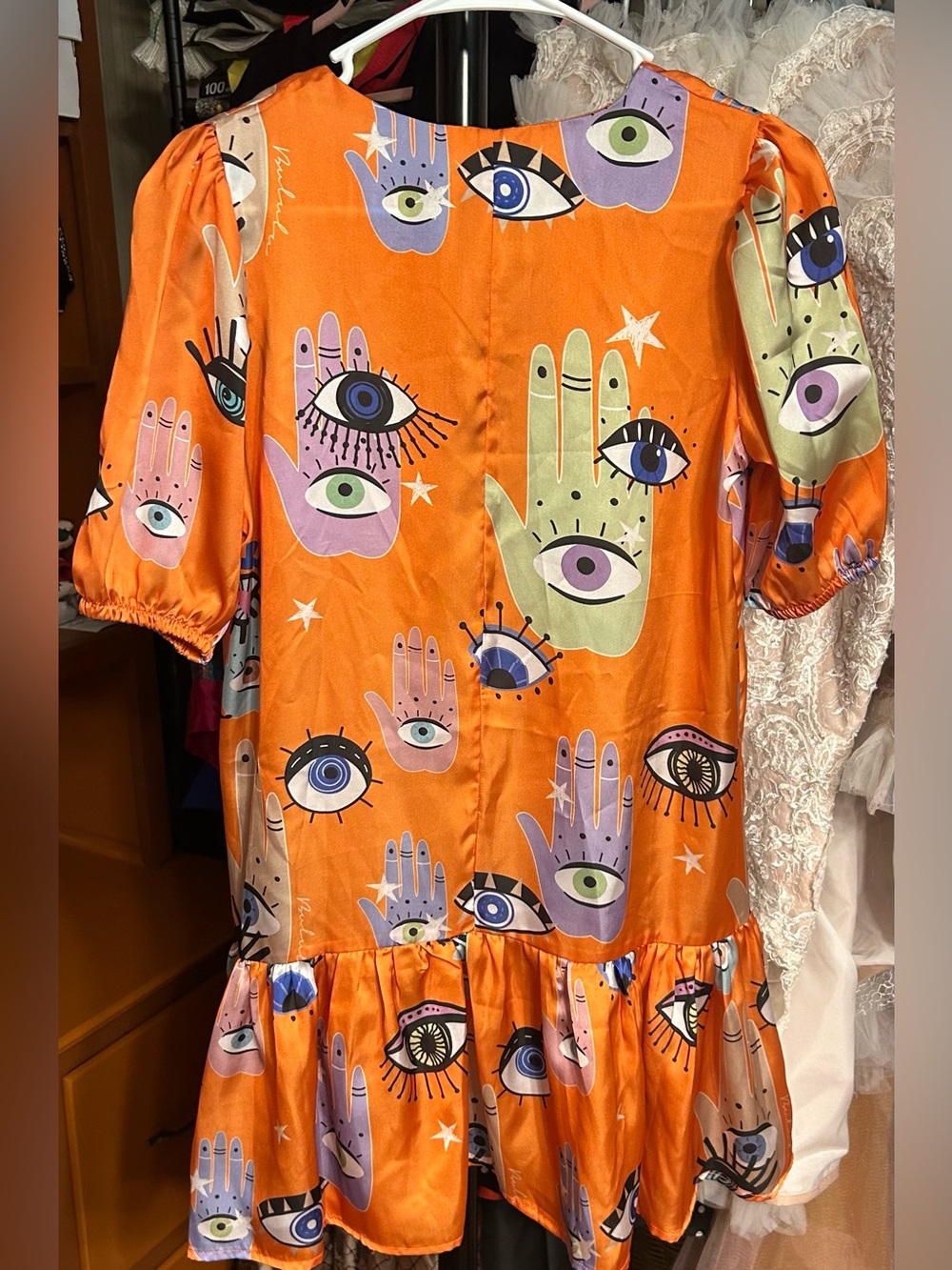 Bululu‎ Resort Orange Eye Print Mini Dress XS Boho Festival - Picture 4 of 11